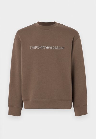 Brown cotton sweatshirt featuring a crew neck, long sleeves, and embroidered "EMPORIO ARMANI" logo in a lighter color across the chest.