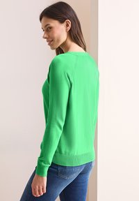 Grön stickad tröja med långa ärmar, rundad halsringning, ribbade muddar och nederkant, i kombination med blå jeans, sedd från sidan.