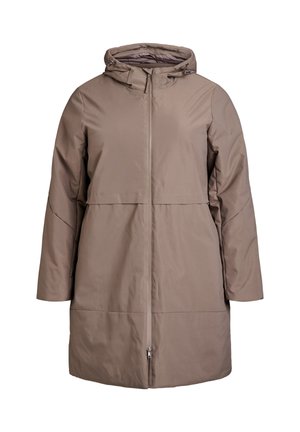 Manteau matelassé mi-long pour femmes en taupe avec capuche, fermeture éclair frontale complète et cordons de serrage ajustables sur la capuche.