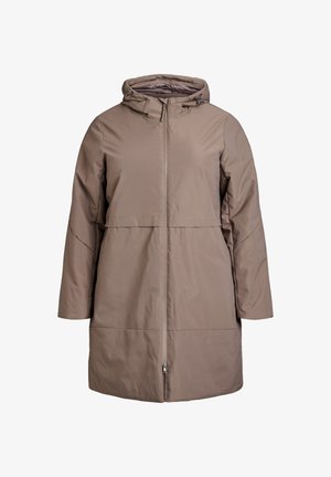 Giacca imbottita taupe da donna di lunghezza media con cappuccio, cerniera frontale a tutta lunghezza e cordini regolabili sul cappuccio.