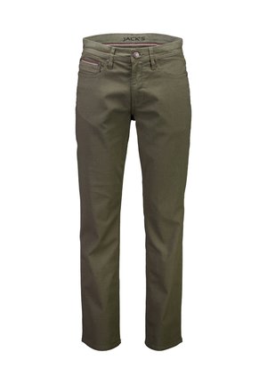 Heren khaki broek met rechte pijpen, voorzakken, knoopsluiting en riemlussen, getoond tegen een witte achtergrond.