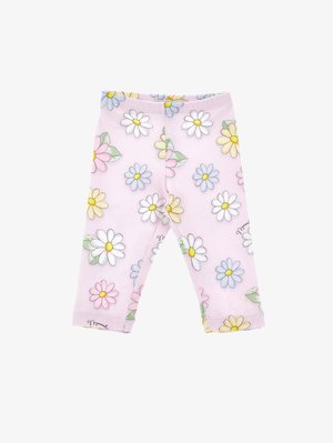 Leggings lilas con un patrón floral de margaritas multicolores y hojas verdes. Tejido suave, cinturilla elástica y dobladillos ajustados.