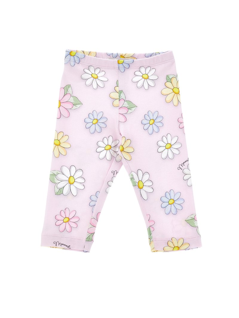 Šviesiai violetiniai legginsai su gėlių raštu ir įvairiaspalvėmis ramunėmis bei žaliomis lapų detalėmis. Minkšta medžiaga, elastingas juosmuo ir užlenkti kraštai.