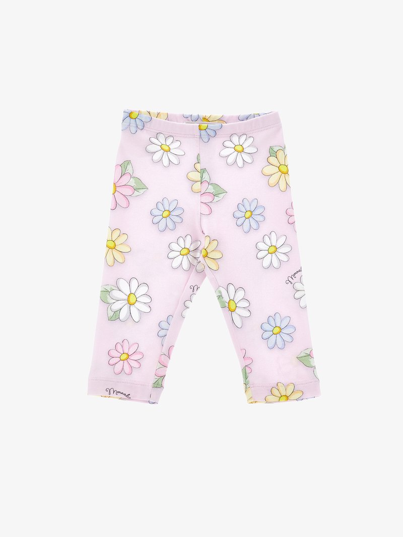 Lillāku legingi ar ziedu rakstu, kurā redzami daudzkrāsaini margrietiņas un zaļas lapas. Mīksta auduma, elastīga josta un apakšmalas ar manšetēm.