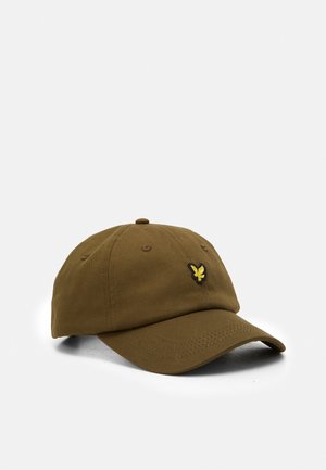 Olivgrüne Baseballkappe mit gebogenem Schirm und kleinem gelbem Vogel-Logo auf dem Frontpanel gestickt, dargestellt vor weißem Hintergrund.
