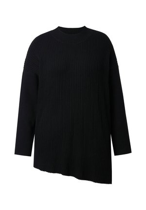 Suéter de punto negro con canalé, que presenta un cuello alto y un dobladillo asimétrico, además de mangas largas. El material parece suave y con textura.