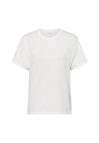 Witte katoenen T-shirt met een ronde halslijn, korte mouwen en subtiele borduursels aan de voorkant. Zachte textuur met een relaxte pasvorm.