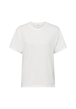 Witte katoenen T-shirt met een ronde halslijn, korte mouwen en subtiele borduursels aan de voorkant. Zachte textuur met een relaxte pasvorm.