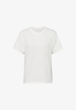 Weißes Baumwoll-T-Shirt mit rundem Ausschnitt, kurzen Ärmeln und dezentem Frontstick. Weicher Stoff mit lockerer Passform.