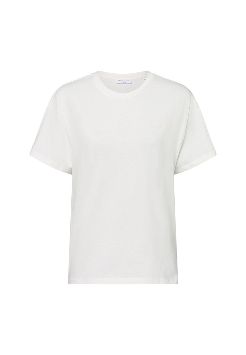 Witte katoenen T-shirt met een ronde halslijn, korte mouwen en subtiele borduursels aan de voorkant. Zachte textuur met een relaxte pasvorm.