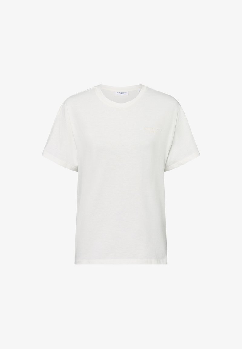 Witte katoenen T-shirt met een ronde halslijn, korte mouwen en subtiele borduursels aan de voorkant. Zachte textuur met een relaxte pasvorm.