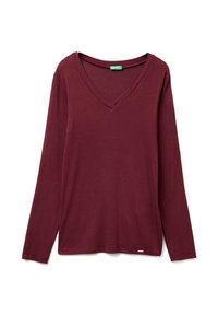 Bordowy longsleeve z dekoltem w serek, wykonany z miękkiego materiału. Posiada prosty krój, szczeliny po bokach oraz małą metkę marki na dole.