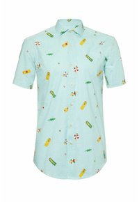 Camicia a maniche corte con bottoni di colore azzurro chiaro, decorata con motivi giocosi di persone, attrezzatura da spiaggia e accenti colorati. Realizzata in tessuto leggero.