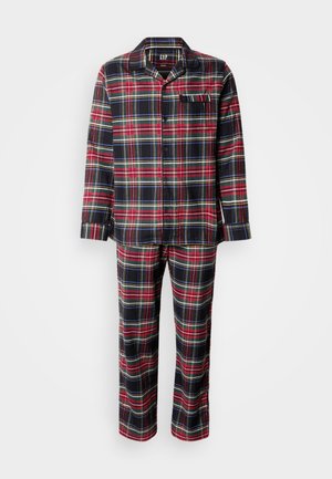 Červený a černý károvaný pyžamový komplet z měkké látky, obsahující košili na knoflíky s kapsou a odpovídající dlouhé kalhoty.