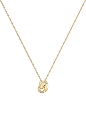Goldfarbene Halskette mit einem strukturierten, ineinandergreifenden kreisförmigen Anhänger an einer feinen Kette, die eine glatte Oberfläche und ein minimalistisches Design aufweist.