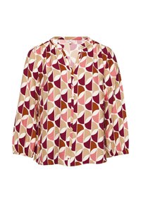 Bedrukt blouse met een mix van cirkelvormige en ovale vormen in maroon, roze, beige en crème tinten. Puffmouwen en een V-halslijn.