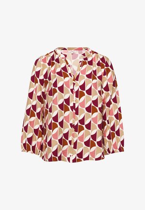 Bedrukt blouse met een mix van cirkelvormige en ovale vormen in maroon, roze, beige en crème tinten. Puffmouwen en een V-halslijn.
