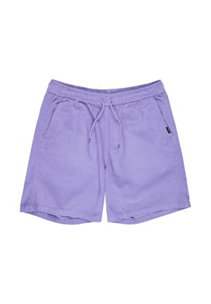 Shorts en velours côtelé violet clair avec taille élastique, cordon de serrage, poches latérales et une petite étiquette noire sur la poche droite.
