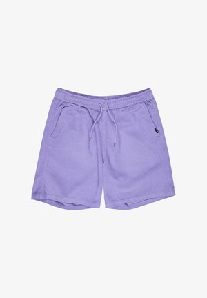Shorts en velours côtelé violet clair avec taille élastique, cordon de serrage, poches latérales et une petite étiquette noire sur la poche droite.
