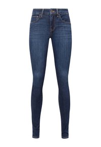 Skinny jeans in dark blue denim, featuring a classic five-pocket design, contrasting stitching, and a buttoned waistband.