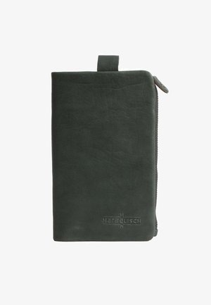 Dark green leather wallet with a textured surface, zip closure along one side, and a small loop tab at the top. Features embossed logo.