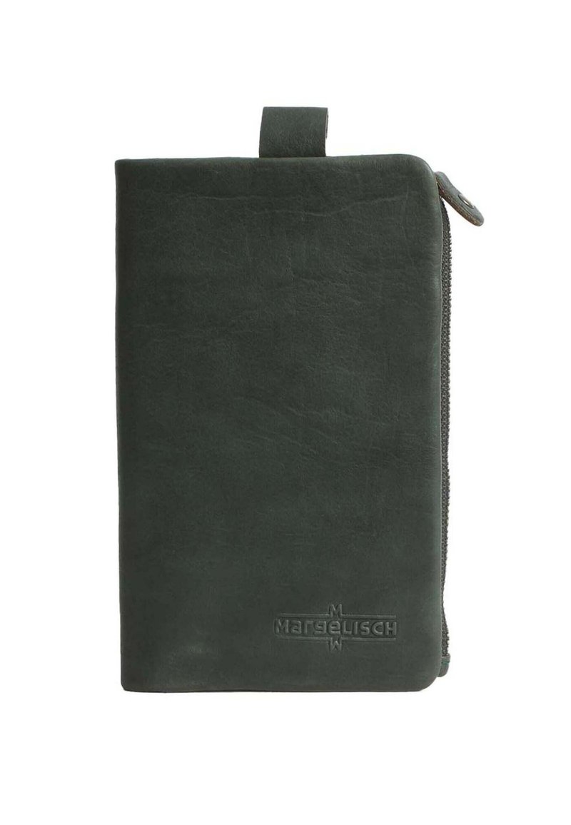 Dark green leather wallet with a textured surface, zip closure along one side, and a small loop tab at the top. Features embossed logo.