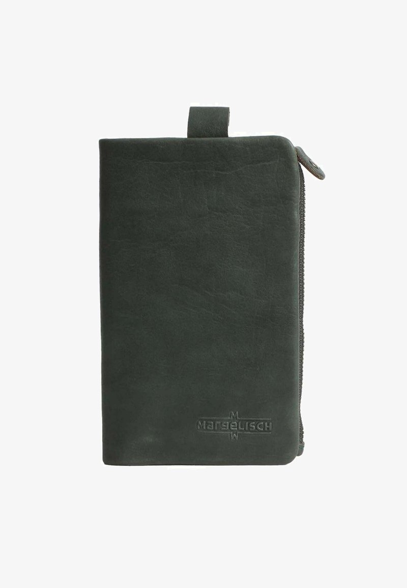 Dark green leather wallet with a textured surface, zip closure along one side, and a small loop tab at the top. Features embossed logo.