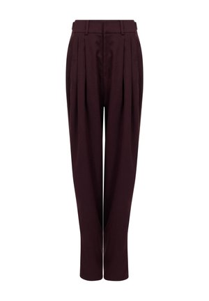 Pantalons ajustés bordeaux avec plis, taille haute, poches latérales et jambes fuselées. Faits d'un tissu lisse et structuré.