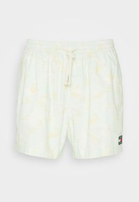 Pantaloni corte tie-dye in tonalità pastello, con vita elastica e cordoncino, caratterizzati da un piccolo logo rettangolare del marchio sulla gamba destra in basso.