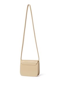 Beige leather crossbody bag with a rectangular shape, smooth texture, and a flap closure, featuring a long adjustable strap.