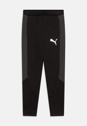 Pantaloni sportivi neri in tessuto liscio, con pannelli laterali in rete e un logo Puma bianco sulla coscia sinistra. Vita elastica e tasche.