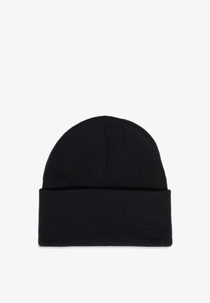 Cappello di lana nera a maglia con risvolto, mostrato piatto su uno sfondo bianco.