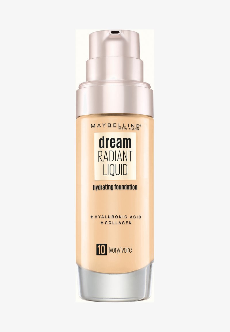 Maybelline Dream Radiant Liquid foundation in Ivory. Heldere glazen fles met een zilveren pompdeksel. Gladde, vloeibare consistentie, gelabeld met belangrijke ingrediënten.