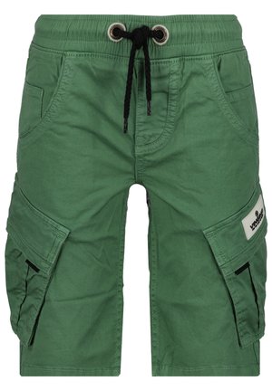 Grønne cargoshorts med forlommer, sidelommer med klap, sort snøre og elastisk taljebånd.