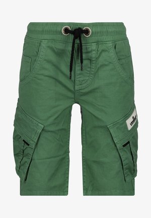 Grønne cargoshorts med forlommer, sidelommer med klap, sort snøre og elastisk taljebånd.