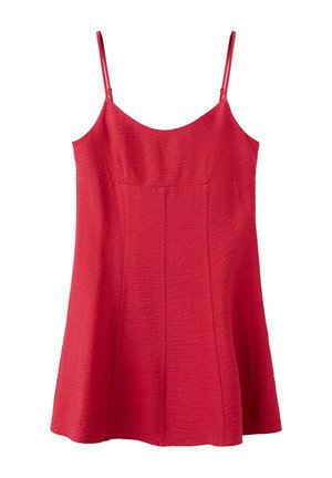 Vestido rojo sin mangas con tirantes finos ajustables y detalles sutiles de costuras verticales, con una ligera silueta en línea A.
