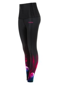 High-waisted black leggings made of smooth fabric featuring colorful graphic accents in pink, blue, and purple at the lower legs.