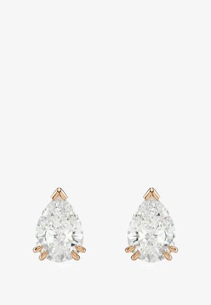 Orecchini a bottone a forma di pera in oro rosa, con pietre trasparenti e sfaccettate che brillano con un finish scintillante.