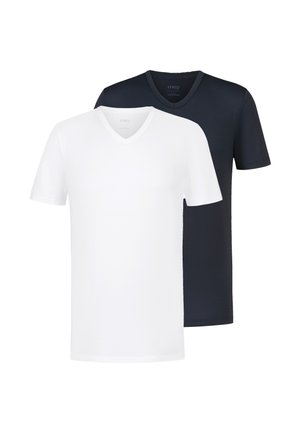 Deux t-shirts unis col V, un blanc devant et un noir derrière, affichés sur fond blanc.