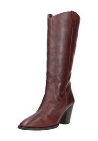 Hoge, bruine leren laars met een spitse neus, een gladde textuur en een gemiddelde blokhak; heeft minimale stiknaden en een subtiele kraagdetail.