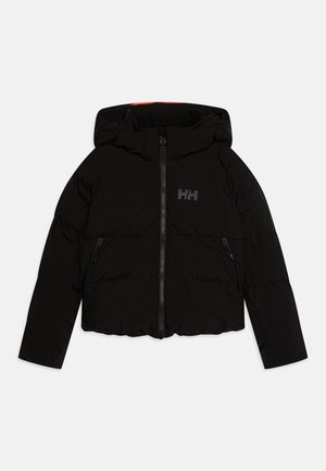 Black puffer jacket with a hood, featuring a front zipper, side pockets, and a subtle logo on the chest. Smooth, matte texture.