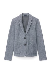 Šedý károvaný blazer s vykrojeným límcem, zapínáním na dva knoflíky a dvěma předními kapsami. Texturovaná látka s jemným vzorem.