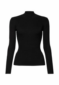 Schwarzer gerippter-langärmeliger Rollkragenpullover mit taillierter Silhouette und glatter Textur, ausgestattet mit einem hohen Kragen und enganliegenden Ärmeln.