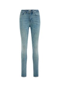 Ljusblå skinny jeans i denim. Har hög midja, fem fickor och en slät yta med subtila blekningar.