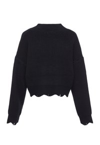 Schwarzes, kurzes Sweatshirt mit geripptem Muster, breiten Ärmeln und einem gewellten Saum. Die Rückseite hat ein Rundhalsdesign.