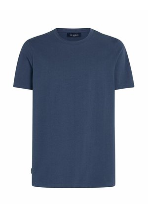 Effen marineblauw T-shirt met ronde hals en korte mouwen, met een klein label vlak bij de onderzoom, op een witte achtergrond.