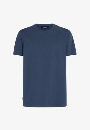 Effen marineblauw T-shirt met ronde hals en korte mouwen, met een klein label vlak bij de onderzoom, op een witte achtergrond.