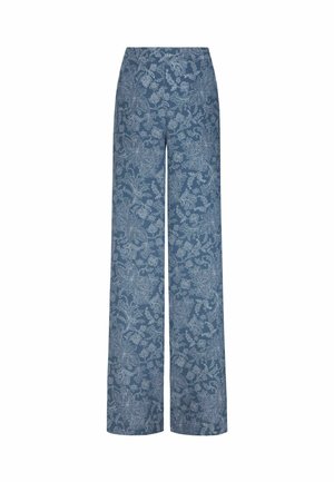 Spodnie z szerokimi nogawkami i wysokim stanem w kolorze niebieskim, ozdobione delikatnym kwiatowym wzorem koronkowym na całej tkaninie.