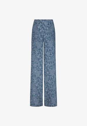 Spodnie z szerokimi nogawkami i wysokim stanem w kolorze niebieskim, ozdobione delikatnym kwiatowym wzorem koronkowym na całej tkaninie.