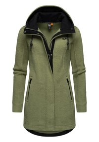 Fleece jacket in olive green, featuring a black zippered front, hood, and side pockets. Textured fabric with a tailored fit and longer back.